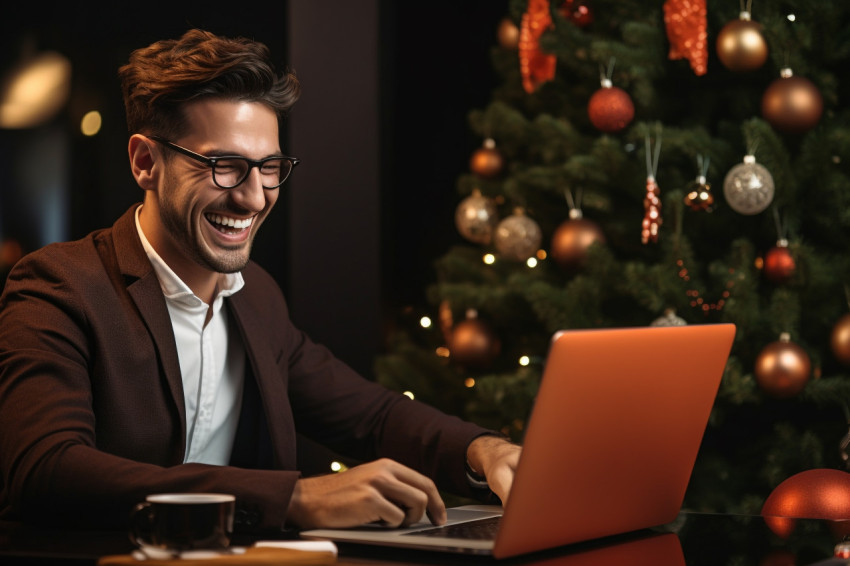 A photo of a young businessman working on his laptop during the