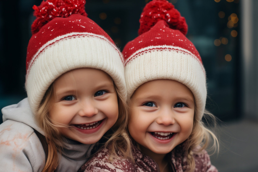 A photo of two happy and funny twin sisters hugging while celebr