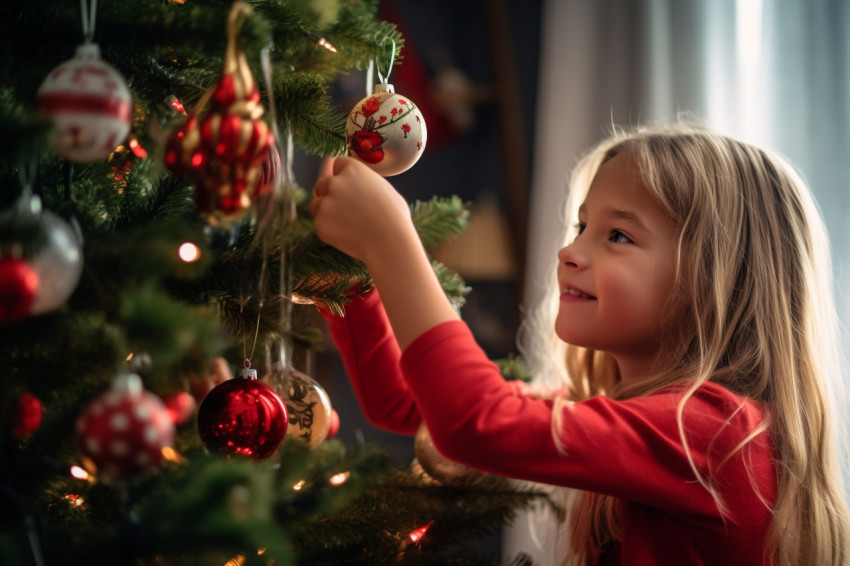 A picture of a pretty young girl decorating the Christmas tree