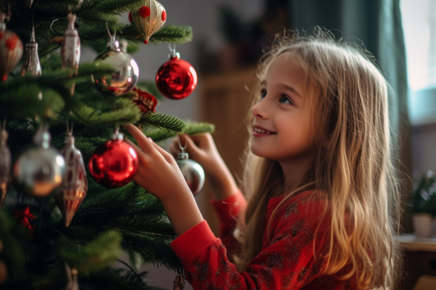 A picture of a pretty young girl decorating the Christmas tree