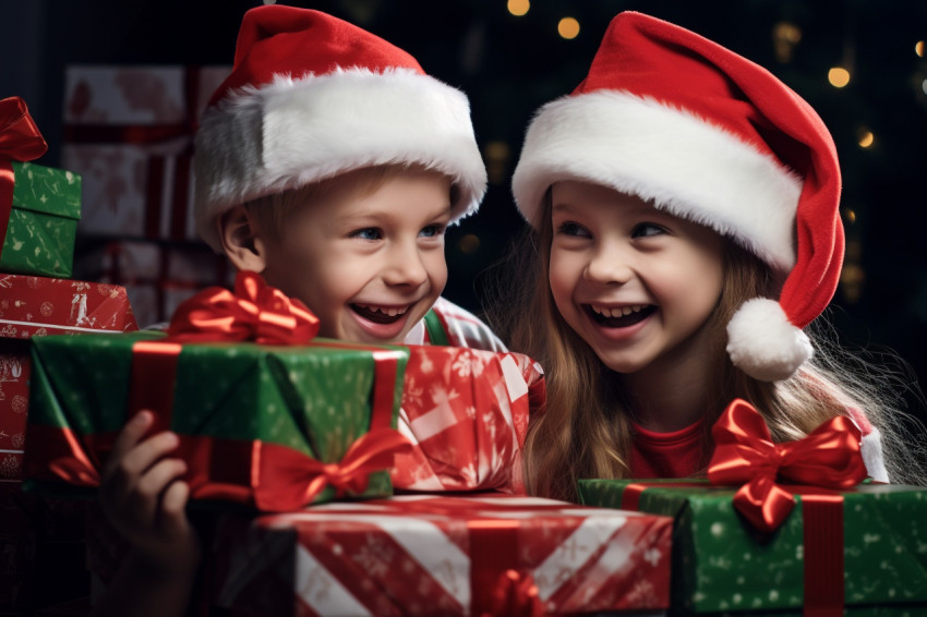 A photo of two happy children, a boy and a girl, dressed as Sant