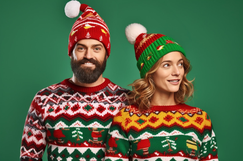 A picture of a young man and woman wearing Christmas sweaters an