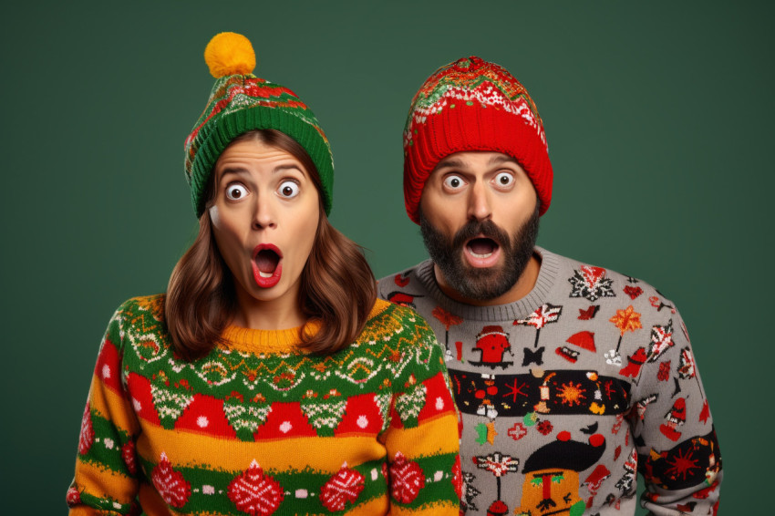 A picture of a young man and woman wearing Christmas sweaters an