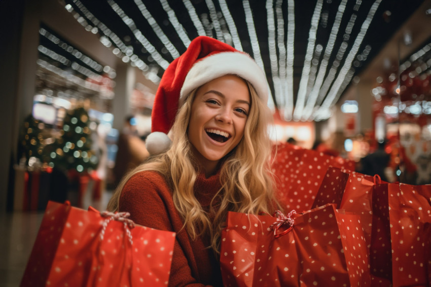 Picture of a smiling young woman shopping for Christmas