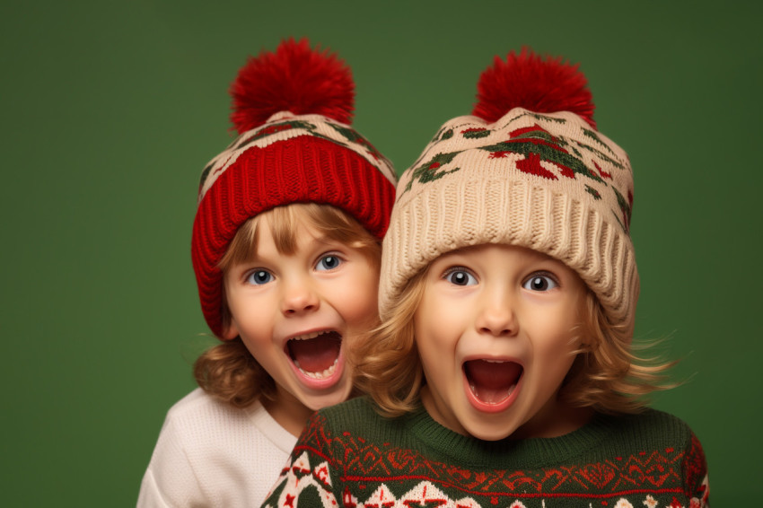 A photo of two funny kids, a boy and a girl, wearing Santa hats