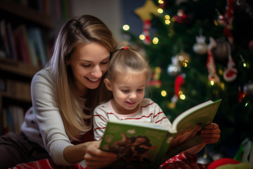 A photo of a happy mom reading a book to her daughter near a Chr