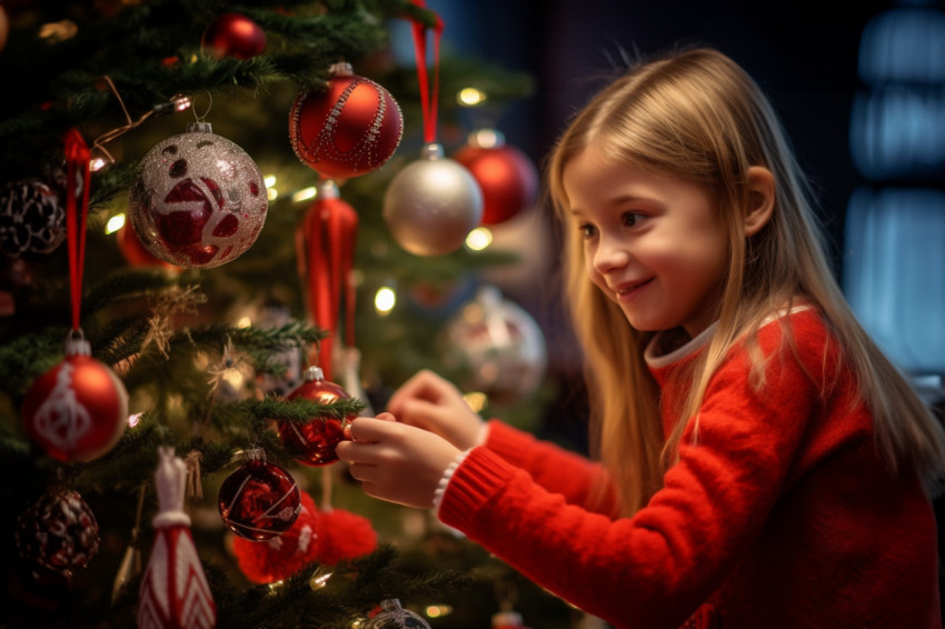 A picture of a little girl helping her mom decorate the Christma