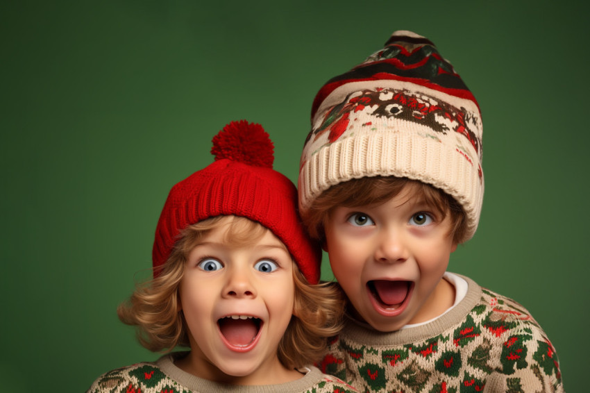 A photo of two funny kids, a boy and a girl, wearing Santa hats