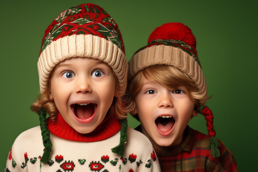 A photo of two funny kids, a boy and a girl, wearing Santa hats