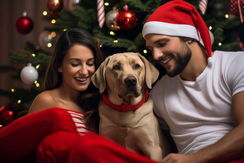 A photo of a happy couple with their Labrador Retriever dog sitt