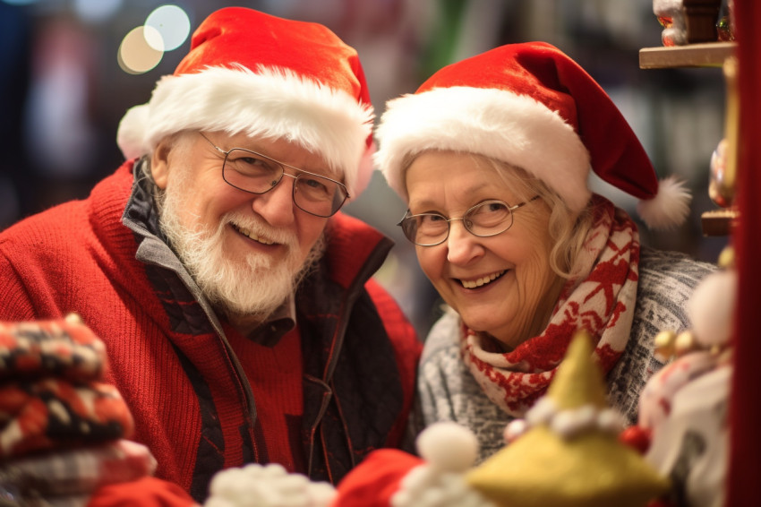 A photo of a happy older couple shopping at a Christmas market s