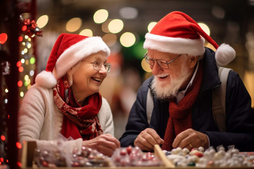 A photo of a happy older couple shopping at a Christmas market s