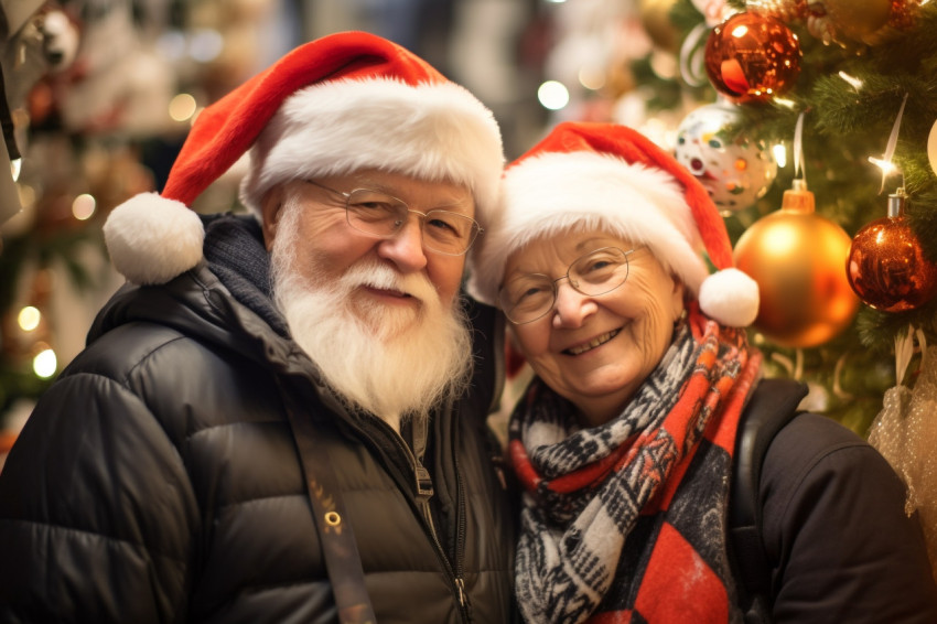 A photo of a happy older couple shopping at a Christmas market s