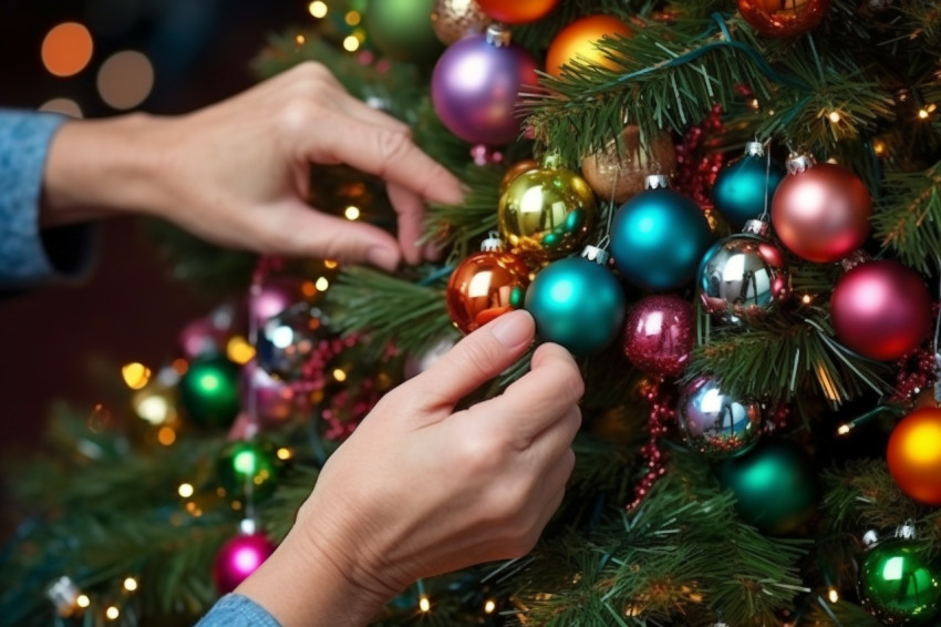 A photo of a womans hands decorating a Christmas tree with balls