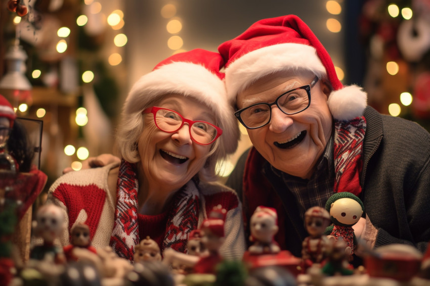 A photo of a happy older couple shopping at a Christmas market s