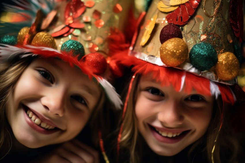 A close up photo of two pretty girls wearing New Years hats