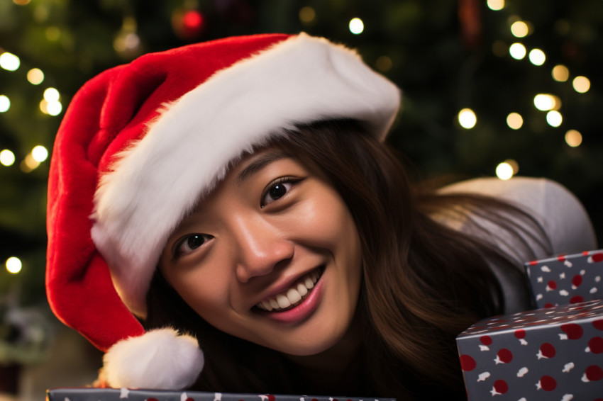 Picture of a young, happy Asian woman with a Santa hat