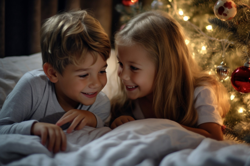 A photo of children hugging in bed while looking at a Christmas