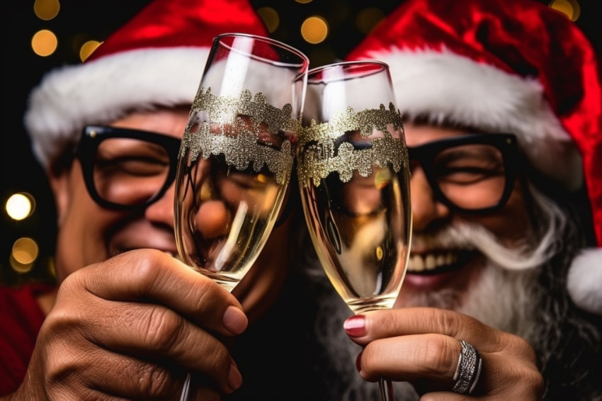 Close up photo of a man and woman clinking champagne glasses to