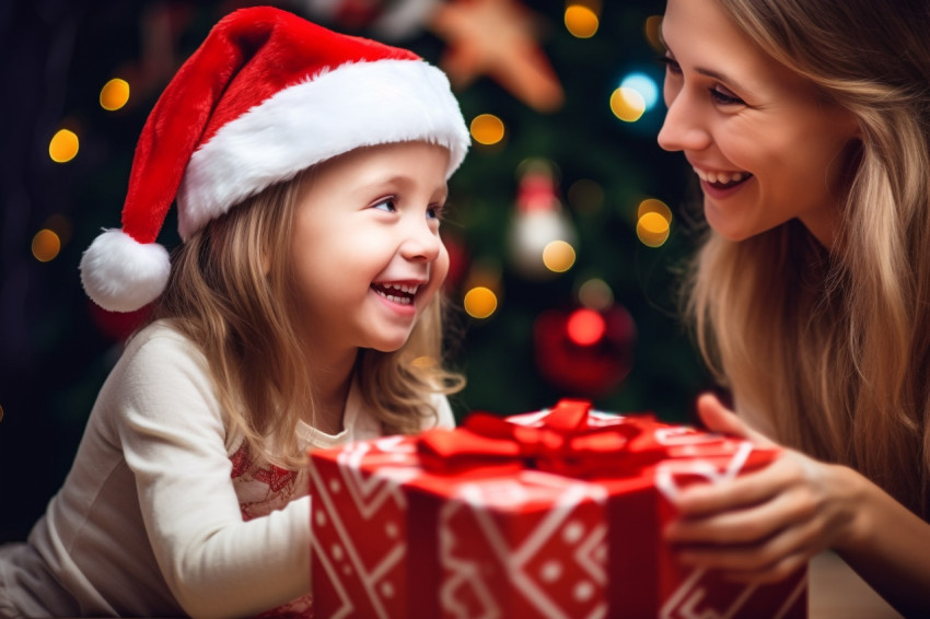 A photo of a happy mother and little girl wearing Santa hats and