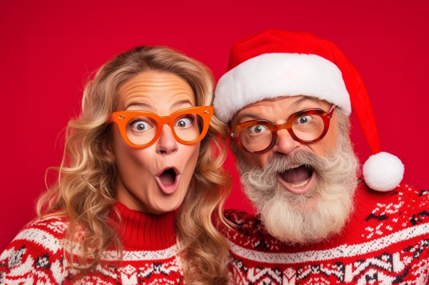 A photo of a crazy lady and guy at a Christmas costume party tak