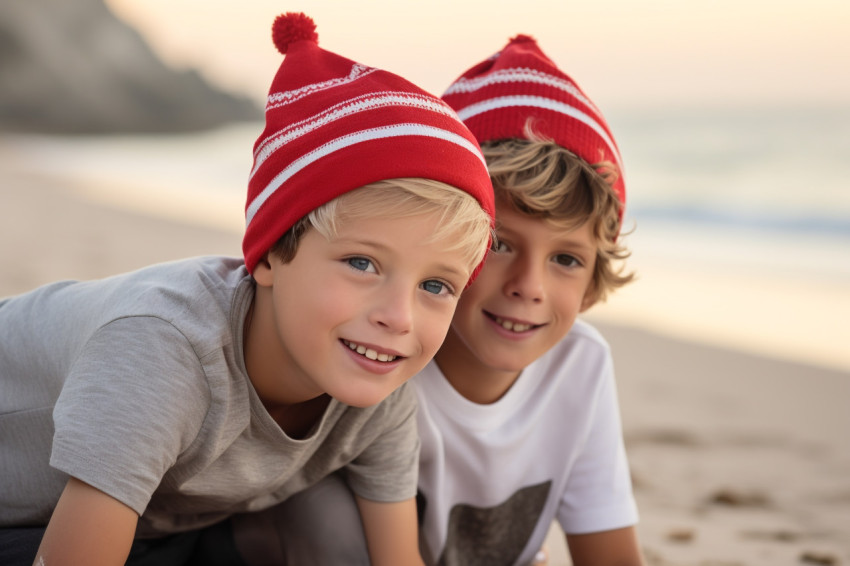 A picture of two young boys wearing Santa hats sitting on the be