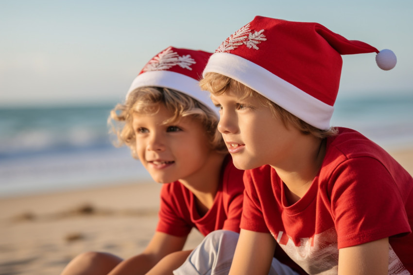 A picture of two young boys wearing Santa hats sitting on the be