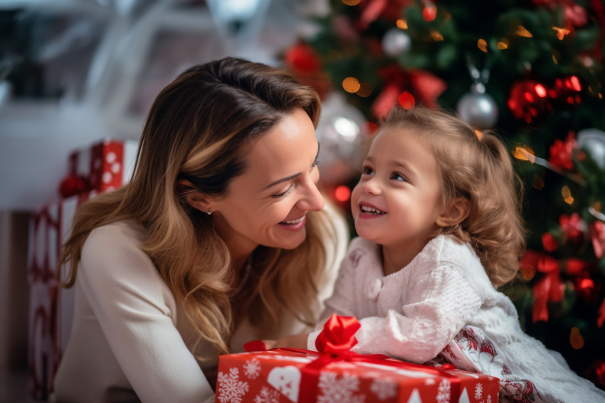 A picture of a happy mother and daughter on Christmas morning, i