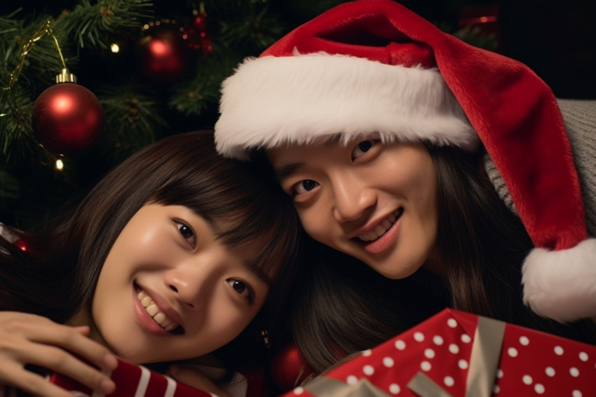 Picture of a young, happy Asian woman with a Santa hat