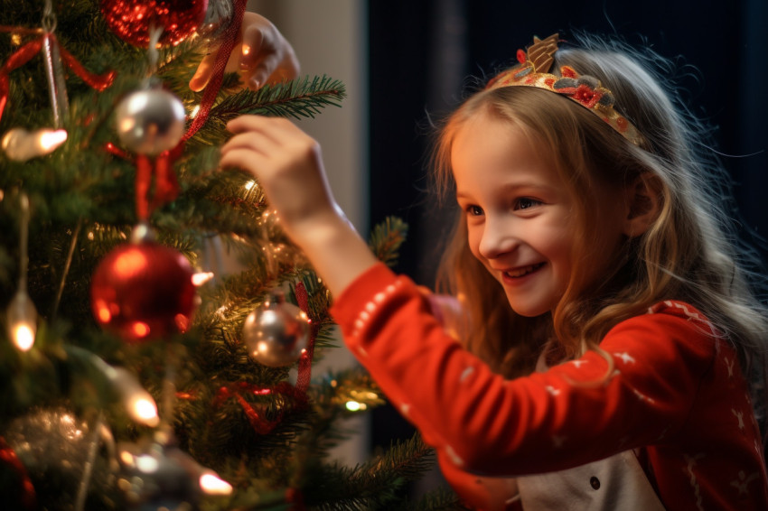 A picture of a happy girl putting ornaments on a Christmas tree