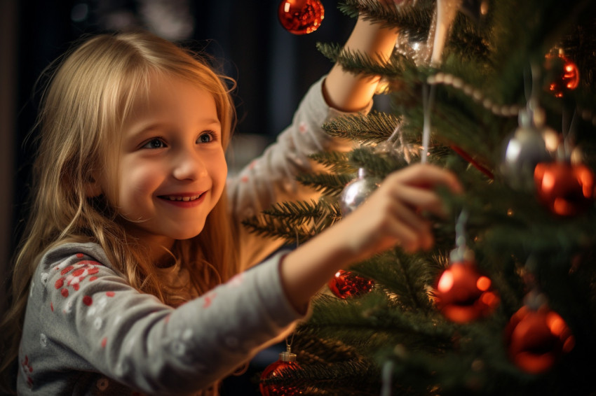 A picture of a happy girl putting ornaments on a Christmas tree