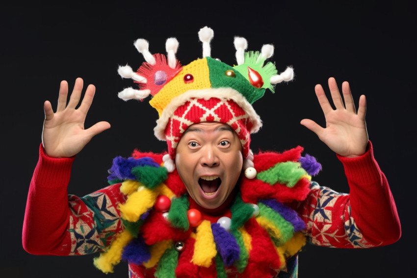 A photo of a surprised and happy Asian couple in a studio with a