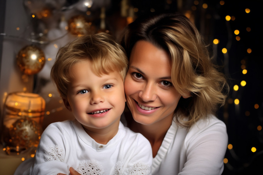 A photo of a happy mother and her cute child celebrating Christm