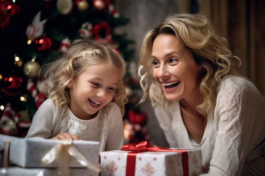 A picture of a happy mother and daughter on Christmas morning, i