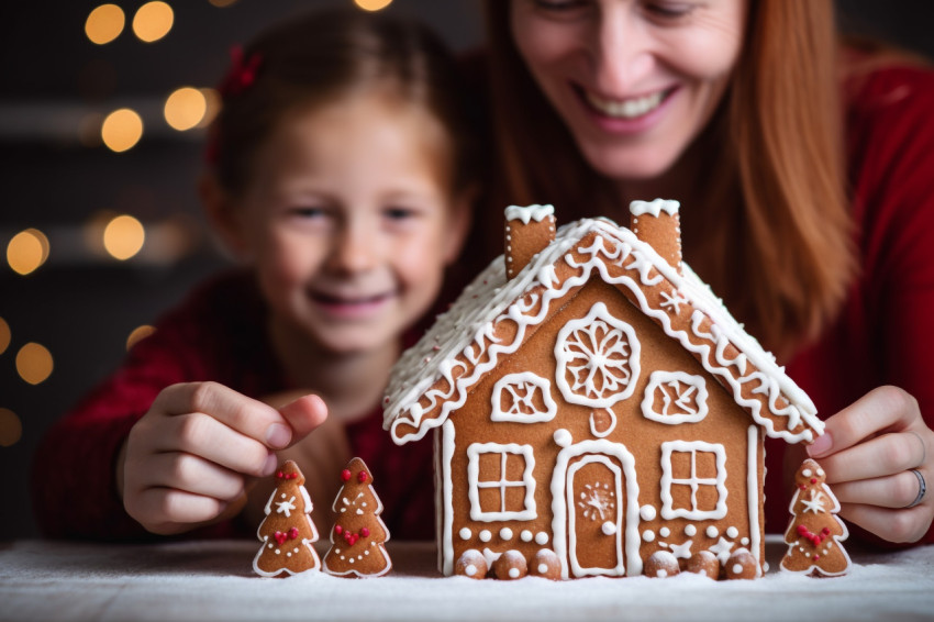 A photo of a happy adult and child holding a gingerbread house f