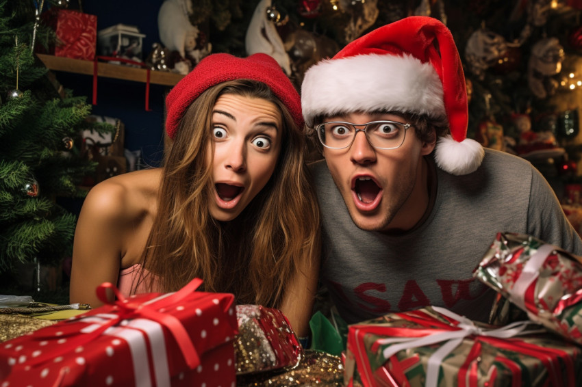 A photo of a young couple getting a Christmas surprise for their