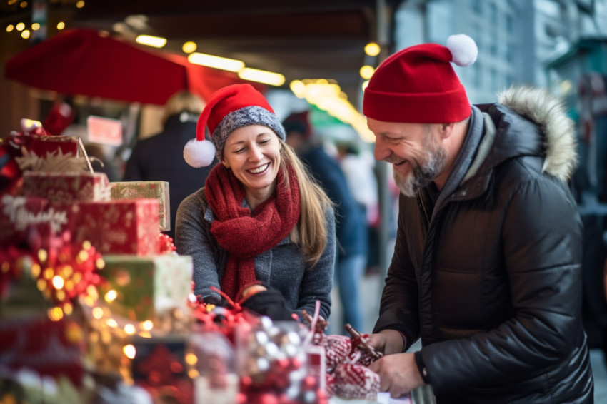 A picture of a happy couple shopping at a Christmas market and p