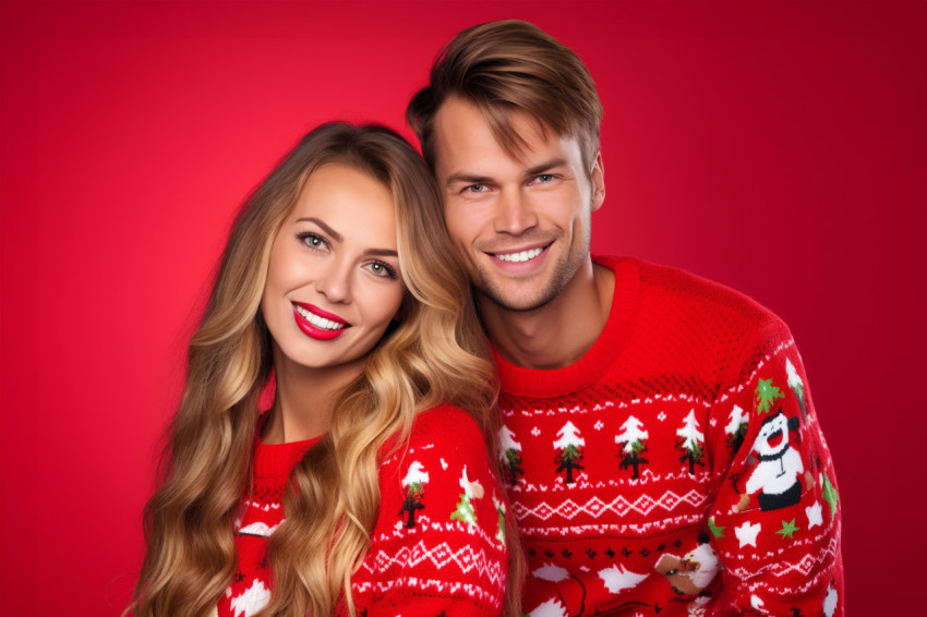 A picture of two people wearing red Christmas sweaters, standing