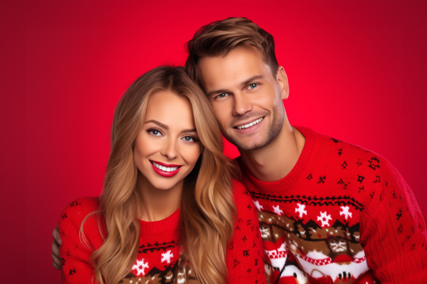 A picture of two people wearing red Christmas sweaters, standing