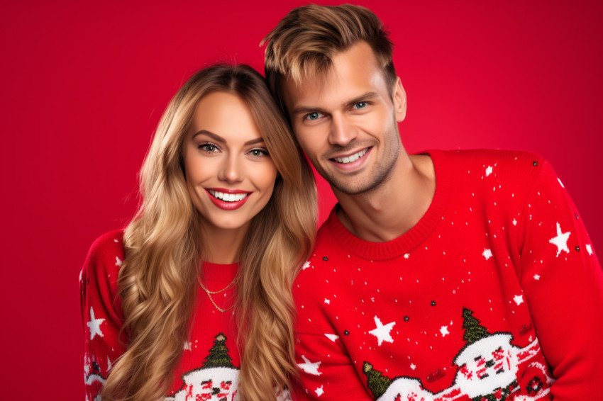 A picture of two people wearing red Christmas sweaters, standing