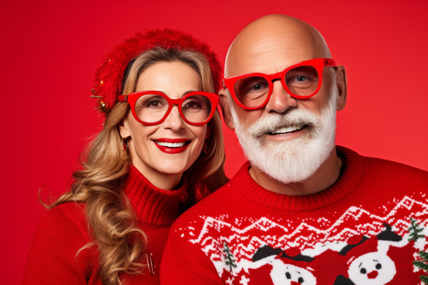 A picture of two people wearing red Christmas sweaters, standing