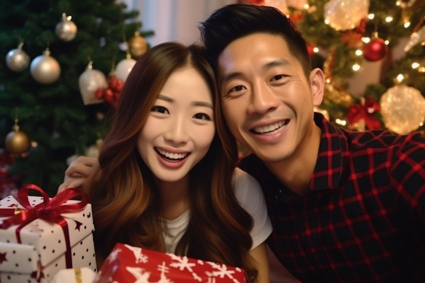 A happy Asian couple wishing their family a Merry Christmas on a