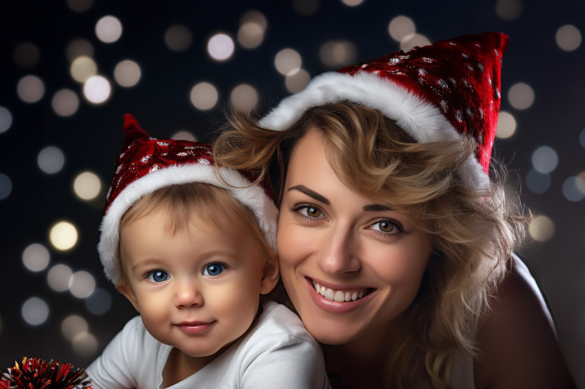 A picture of a happy mom and her baby wearing Santa hats