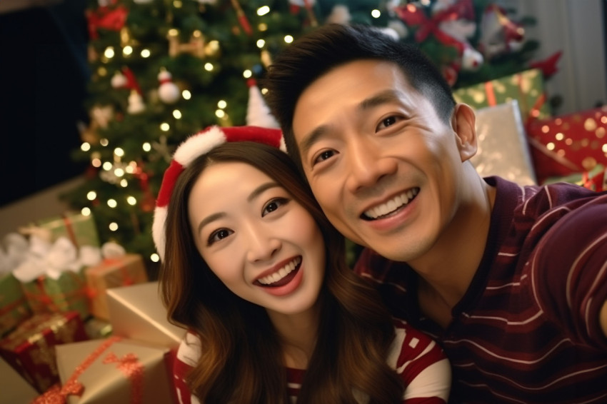 A happy Asian couple wishing their family a Merry Christmas on a