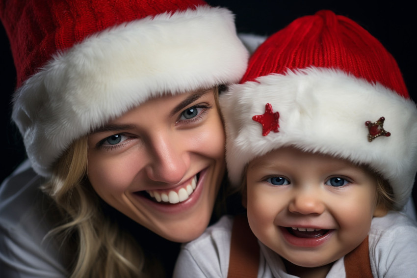 A picture of a happy mom and her baby wearing Santa hats