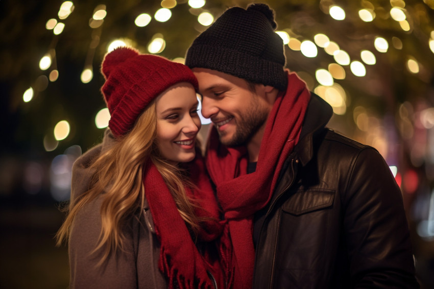 A photo of a couple hugging and enjoying Christmas lights outsid