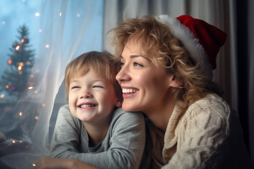 A picture of a happy mother and her son sitting on the windowsil