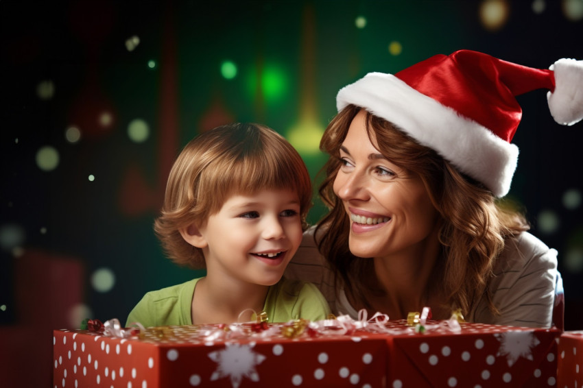 A photo of a family celebrating Christmas, with a happy mother a