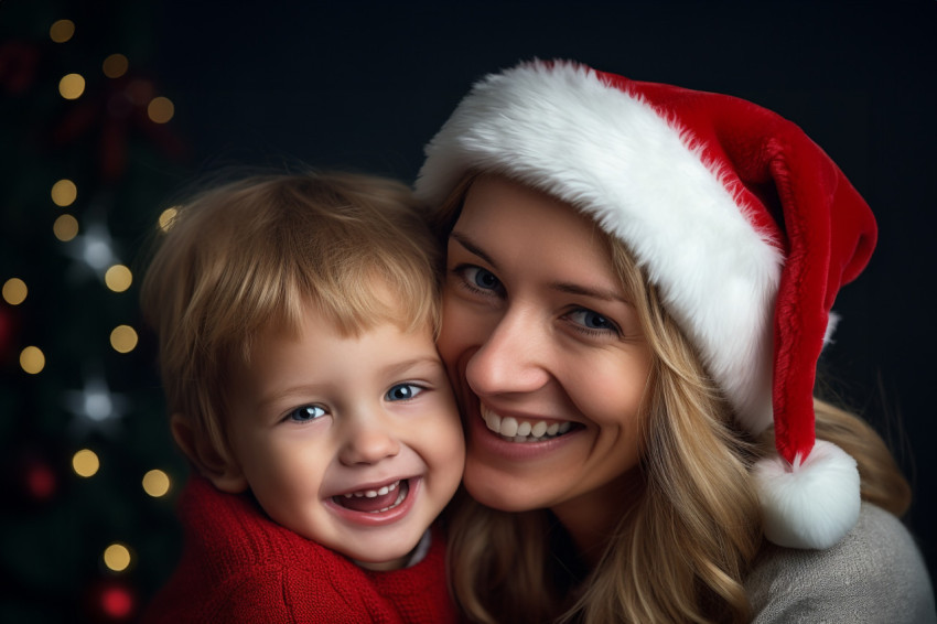 A picture of a happy mom and her baby wearing Santa hats