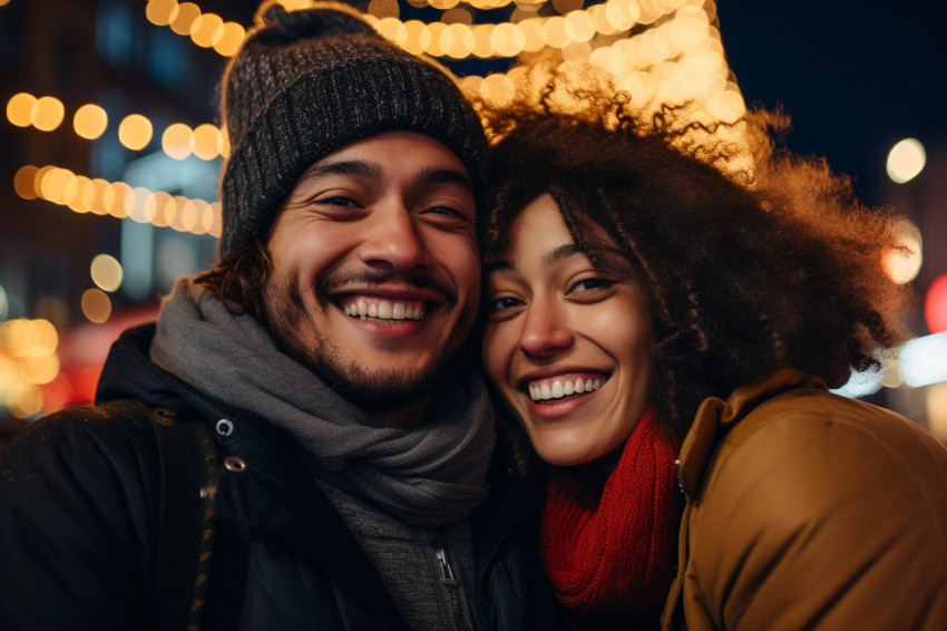 A picture of a happy couple from different races, together outsi